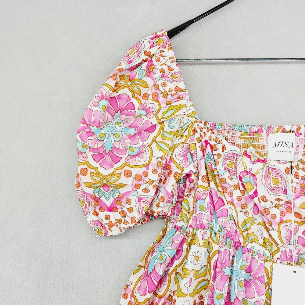 NEW MISA Kayla Pink Summer Floral Puff Sleeve Mini Dress P3893 - Picture 5 of 11